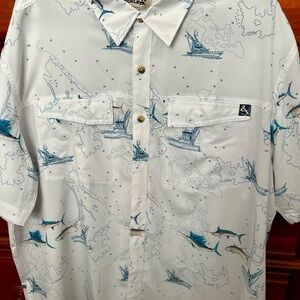 White and Blue Fishing Print Shirt Mens 2xl Button Up